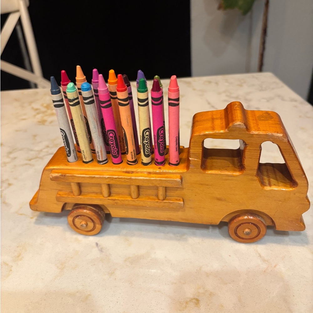 Vintage Wooden Fire Truck Crayon Holder